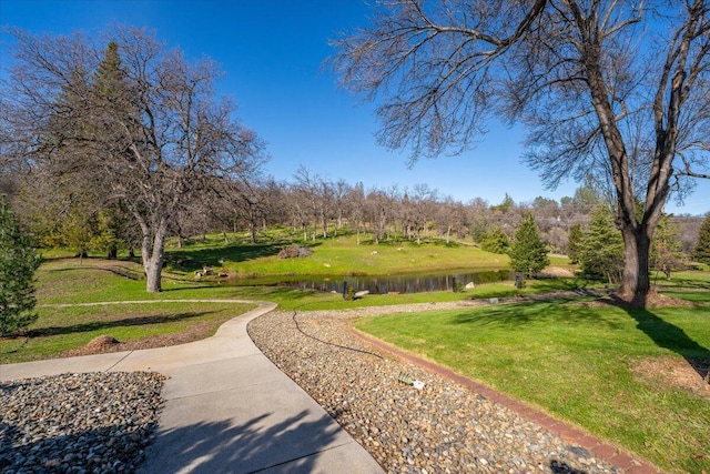 view of property's community featuring a water view and a lawn