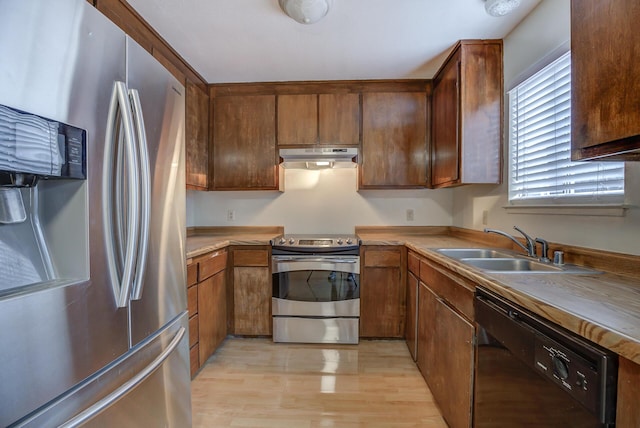 kitchen featuring sink, light hardwood / wood-style flooring, and appliances with stainless steel finishes