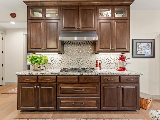 kitchen featuring tasteful backsplash, dark brown cabinets, and ventilation hood