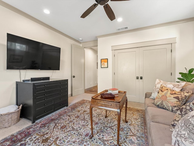 living room featuring ceiling fan