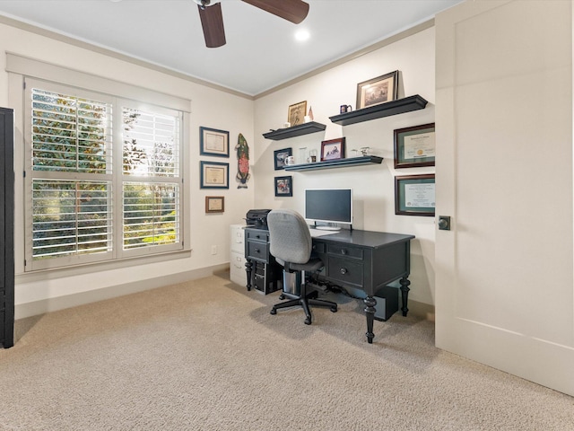 carpeted home office with ornamental molding and ceiling fan