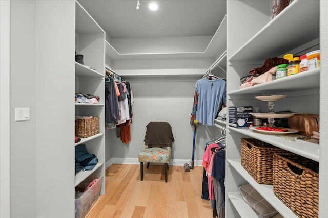 walk in closet with light hardwood / wood-style floors