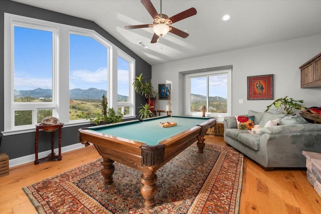 rec room with lofted ceiling, a mountain view, billiards, and light wood-type flooring