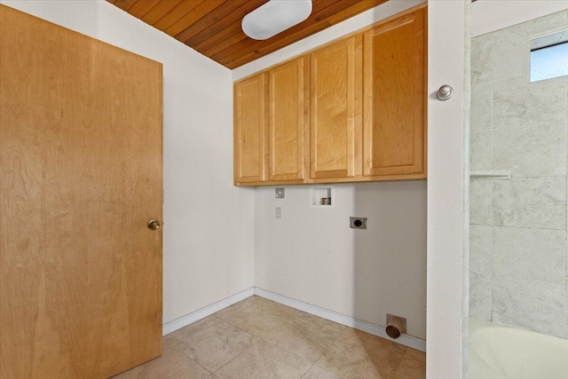 laundry area with cabinets, wooden ceiling, light tile patterned floors, hookup for a washing machine, and electric dryer hookup