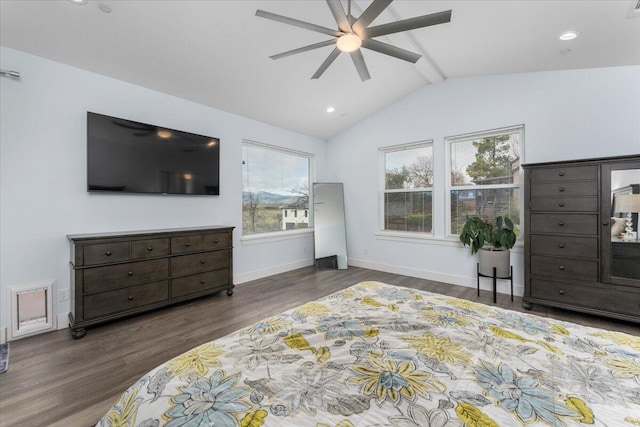 bedroom with dark wood-type flooring, ceiling fan, and vaulted ceiling with beams