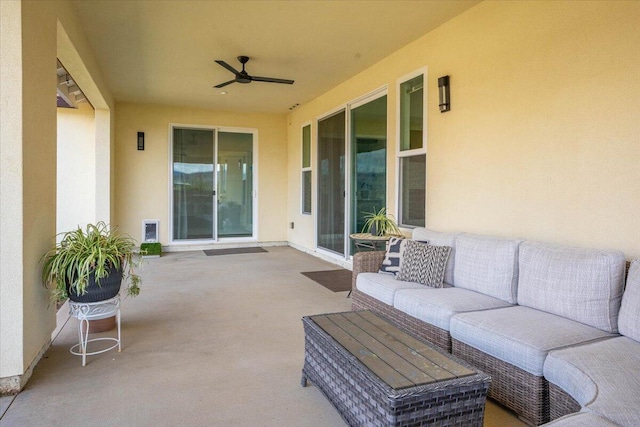 view of patio with ceiling fan and outdoor lounge area