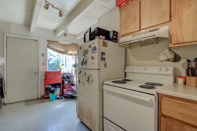 kitchen with beam ceiling and white appliances