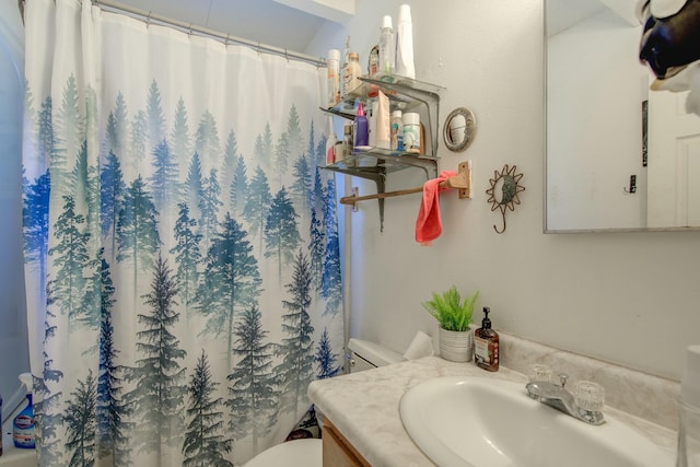 bathroom featuring vanity, curtained shower, and toilet