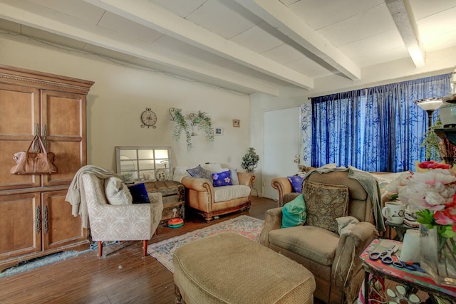 living room with hardwood / wood-style flooring and beamed ceiling