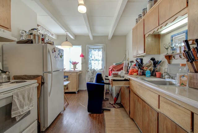 kitchen featuring sink, decorative light fixtures, hardwood / wood-style flooring, white range with electric cooktop, and beam ceiling