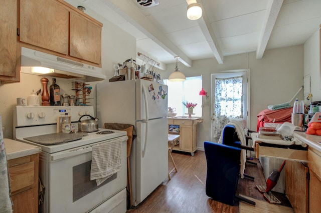 kitchen with light brown cabinetry, hanging light fixtures, white appliances, dark wood-type flooring, and beam ceiling