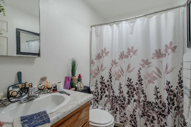 bathroom featuring vanity, toilet, and a shower with shower curtain