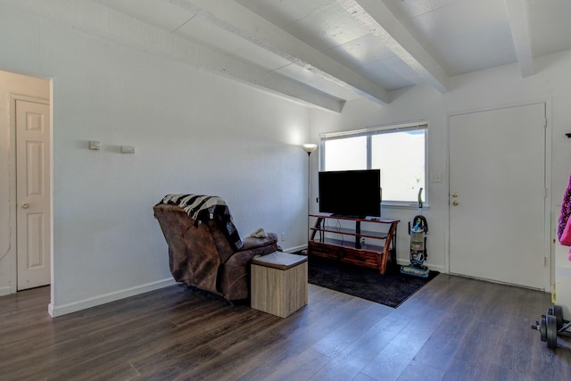 living room with beamed ceiling and dark wood-type flooring