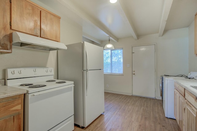 kitchen with decorative light fixtures, beamed ceiling, washer / clothes dryer, light hardwood / wood-style floors, and white appliances