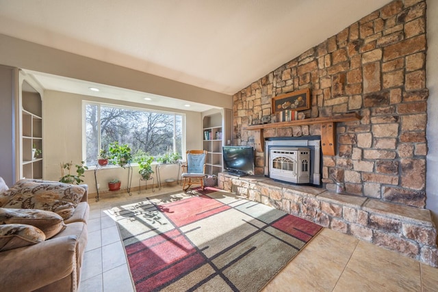 tiled living room featuring vaulted ceiling, a wood stove, and built in shelves