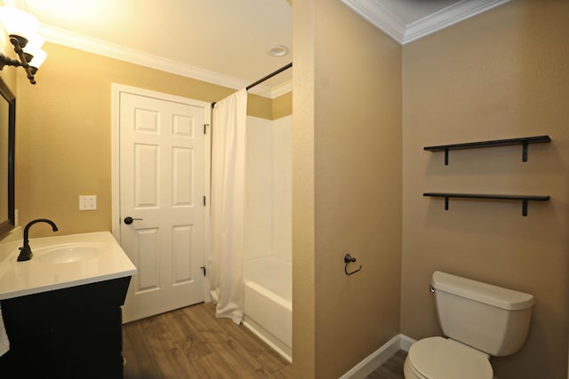 full bathroom with shower / bath combo, ornamental molding, toilet, wood-type flooring, and vanity