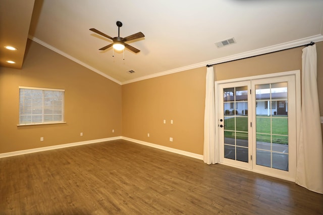 unfurnished room featuring ornamental molding, lofted ceiling, and dark hardwood / wood-style flooring