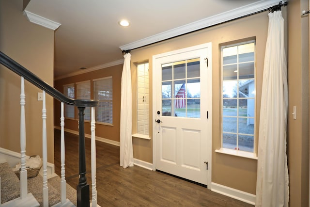 entrance foyer with crown molding and dark wood-type flooring