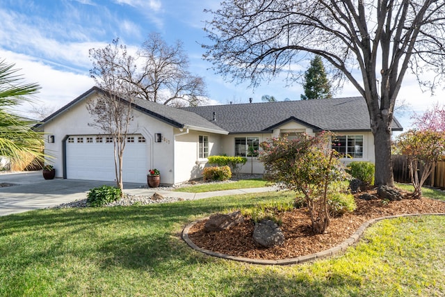 single story home with a garage, driveway, a front lawn, and stucco siding