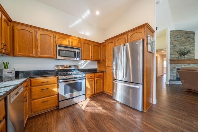 kitchen featuring dark wood finished floors, dark stone counters, appliances with stainless steel finishes, brown cabinets, and high vaulted ceiling