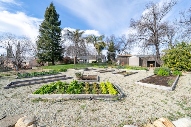 view of yard with a storage shed, an outbuilding, and a vegetable garden