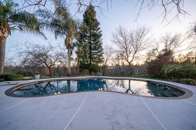 pool with a diving board and a patio area