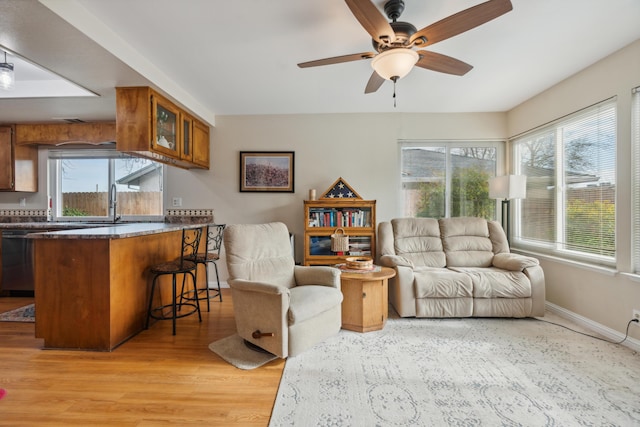 living room with ceiling fan, plenty of natural light, and light hardwood / wood-style floors