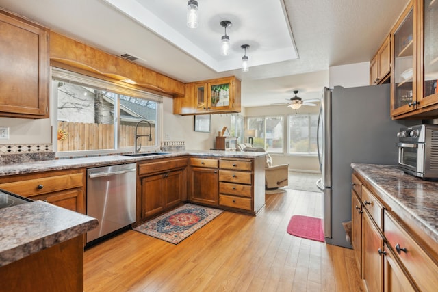 kitchen with light hardwood / wood-style floors, sink, stainless steel appliances, and a raised ceiling