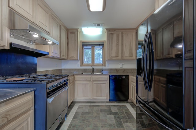 kitchen with visible vents, under cabinet range hood, black appliances, light brown cabinets, and a sink