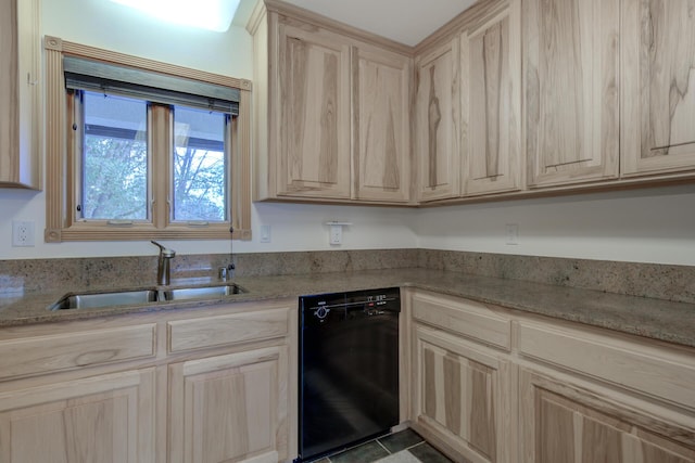 kitchen featuring a sink, tile patterned flooring, light brown cabinets, and dishwasher