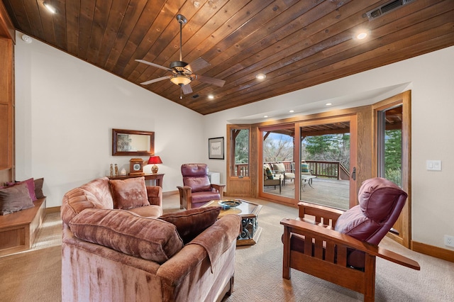 living area with baseboards, visible vents, light colored carpet, lofted ceiling, and wooden ceiling