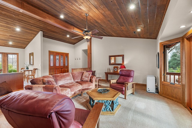 living area with recessed lighting, light carpet, wood ceiling, baseboards, and vaulted ceiling