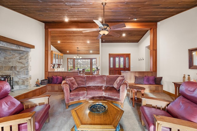 carpeted living area with lofted ceiling, ceiling fan with notable chandelier, wood ceiling, and recessed lighting