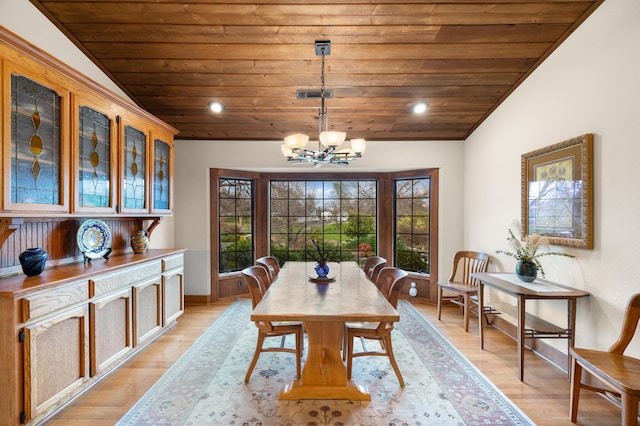 dining space featuring lofted ceiling, wooden ceiling, a chandelier, and light wood-style floors