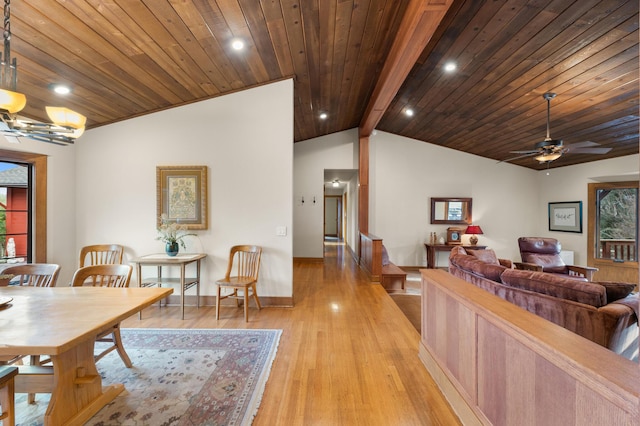 dining room with lofted ceiling with beams, light wood-style flooring, recessed lighting, wood ceiling, and baseboards