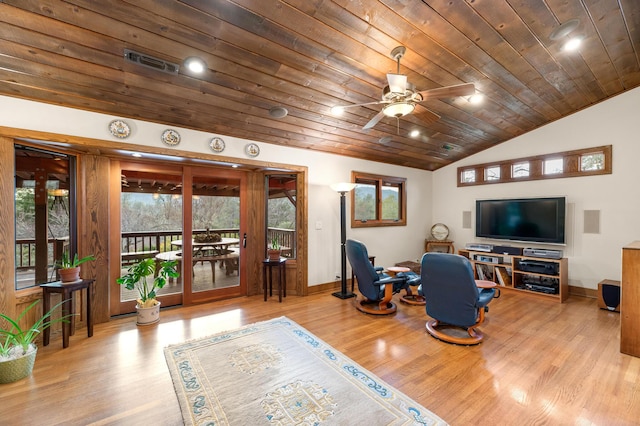 living room with lofted ceiling, light wood finished floors, wood ceiling, and visible vents