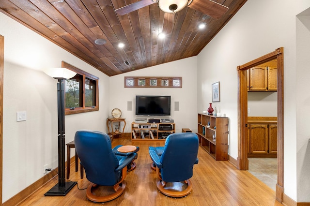 living room featuring wooden ceiling, recessed lighting, baseboards, vaulted ceiling, and light wood-style floors