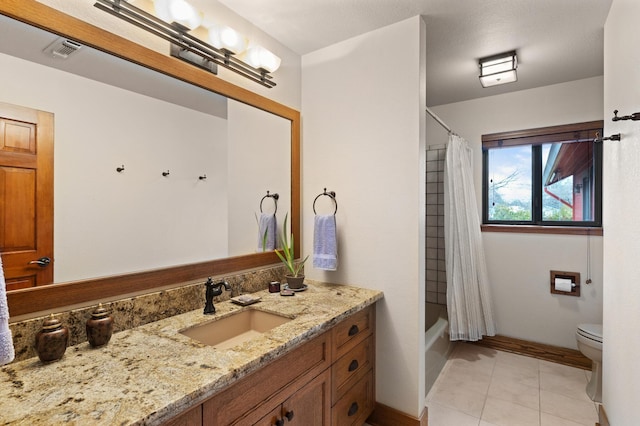 full bath featuring visible vents, toilet, shower / bathtub combination with curtain, tile patterned flooring, and vanity