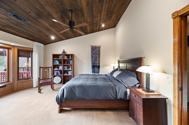 bedroom with recessed lighting, light colored carpet, visible vents, vaulted ceiling, and wooden ceiling