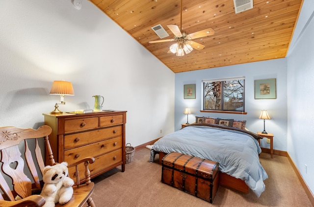 bedroom with wooden ceiling, visible vents, and light colored carpet