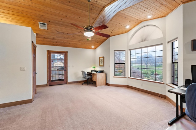 office area with high vaulted ceiling, a wealth of natural light, wood ceiling, and visible vents