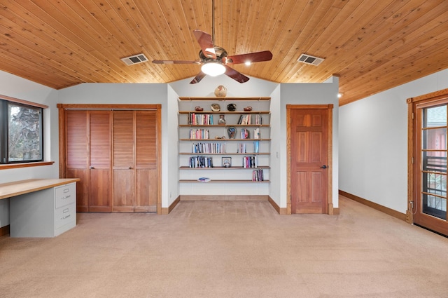 unfurnished bedroom with wood ceiling, lofted ceiling, visible vents, and light colored carpet