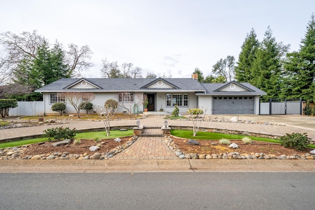 ranch-style house with a garage, driveway, a chimney, and fence