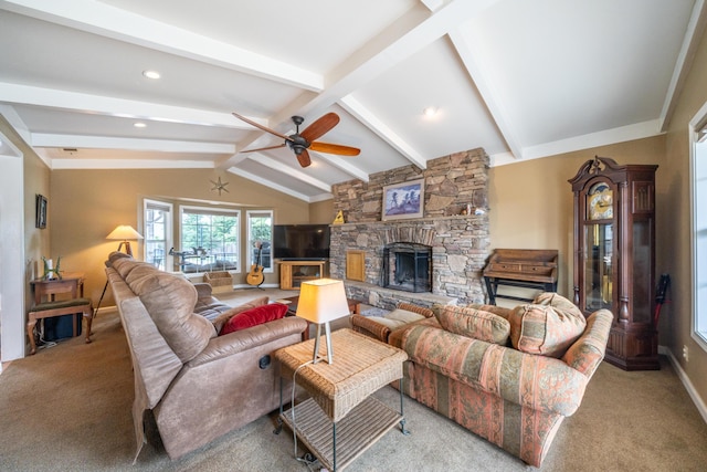 living room featuring a stone fireplace, light carpet, lofted ceiling with beams, and baseboards