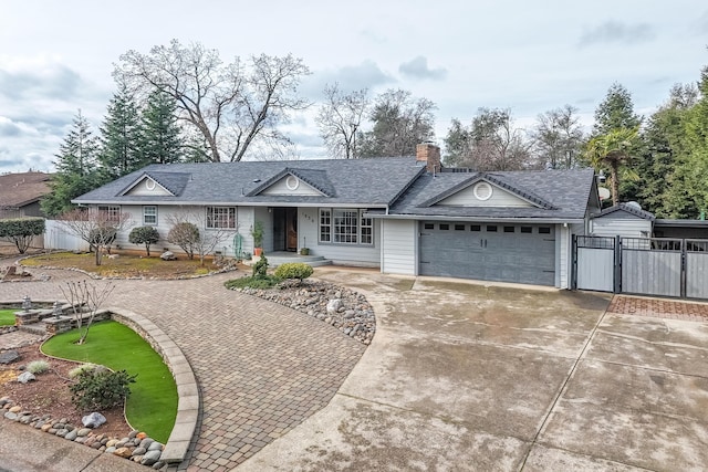 ranch-style house with driveway, a chimney, an attached garage, and fence