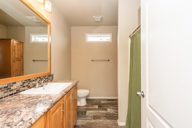 bathroom featuring vanity, tasteful backsplash, plenty of natural light, and wood-type flooring