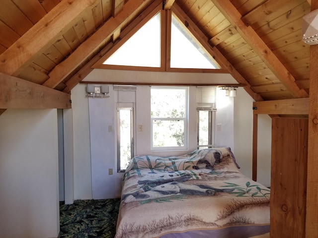 carpeted bedroom with vaulted ceiling with beams and wooden ceiling