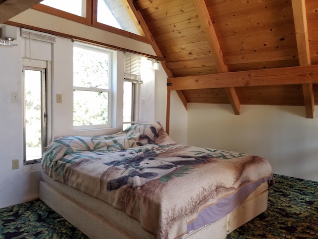 bedroom with wooden ceiling and vaulted ceiling with beams