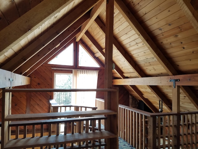 interior space with lofted ceiling with beams, wooden walls, and wood ceiling