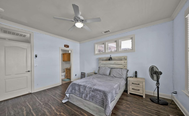 bedroom with ceiling fan, crown molding, dark hardwood / wood-style floors, and ensuite bath